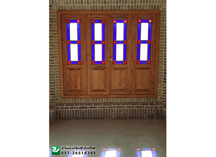 پنجره اُرُسی شیشه رنگی چوبی باغ,ویلا سنتی گره چینی مشبک